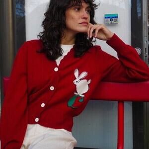 Carven Coquelicot 100% Cashmere Cardigan Size L Red Runs Small $530 #1C418